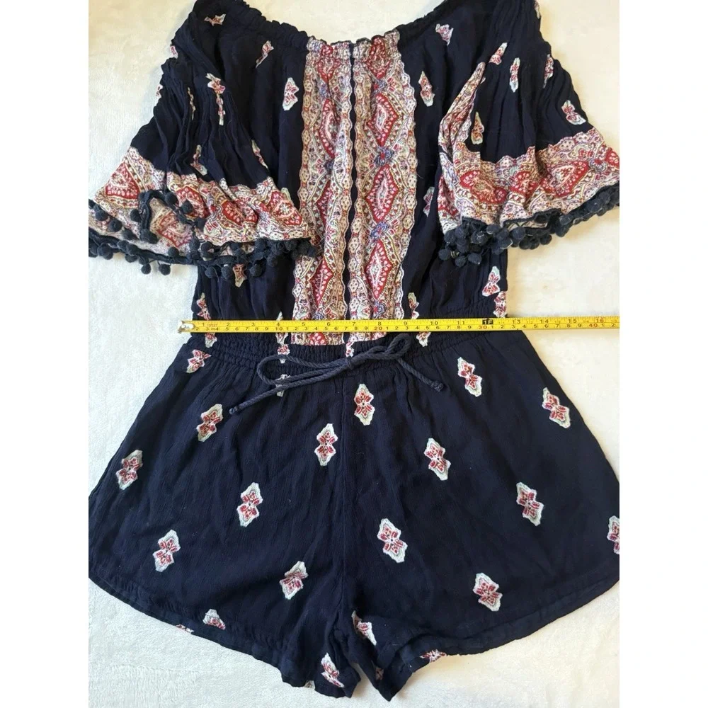 Lilka Navy Bohemian Off Shoulder Pom Pom Short‎ Bell Sleeve Romper Elastic Waist